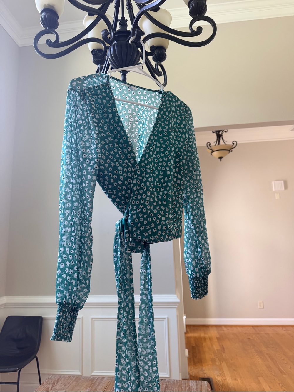 Bar III Teal Floral Wrap Blouse with Tie